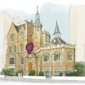 An artistic illustration of Odyssey Preschool, showcasing its stunning gothic architecture and vibrant educational setting.