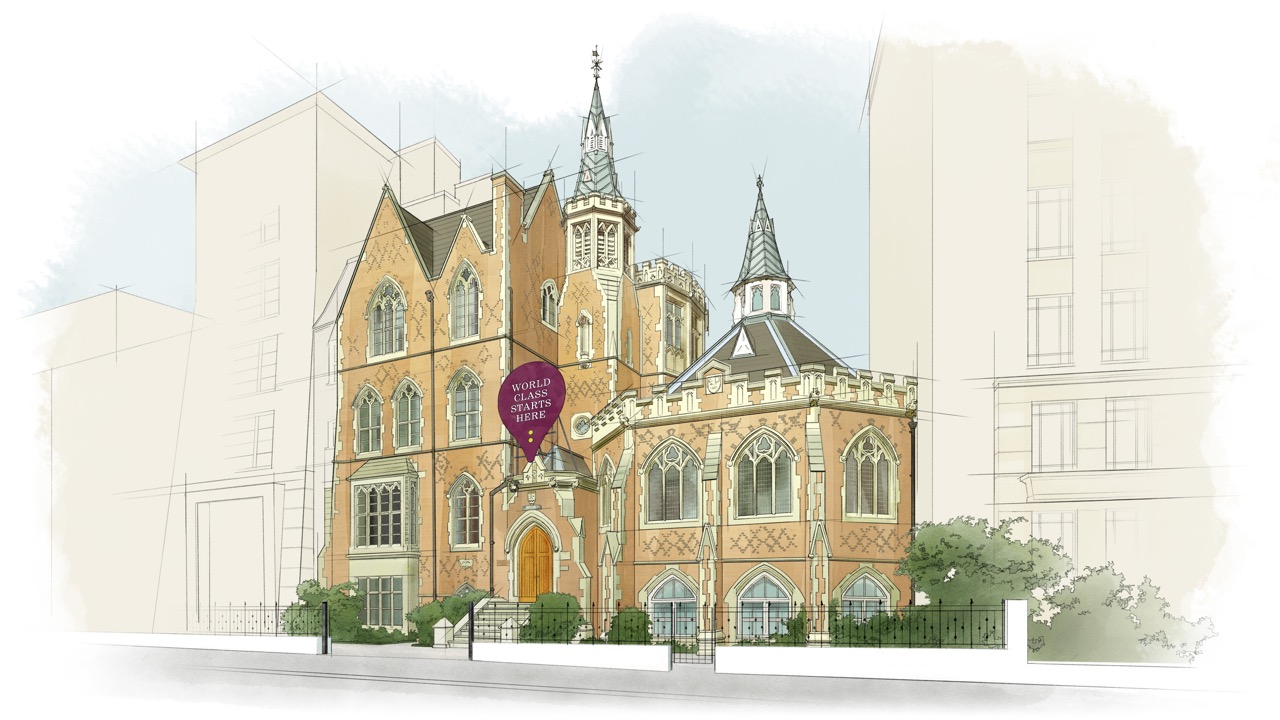 An artistic illustration of Odyssey Preschool, showcasing its stunning gothic architecture and vibrant educational setting.