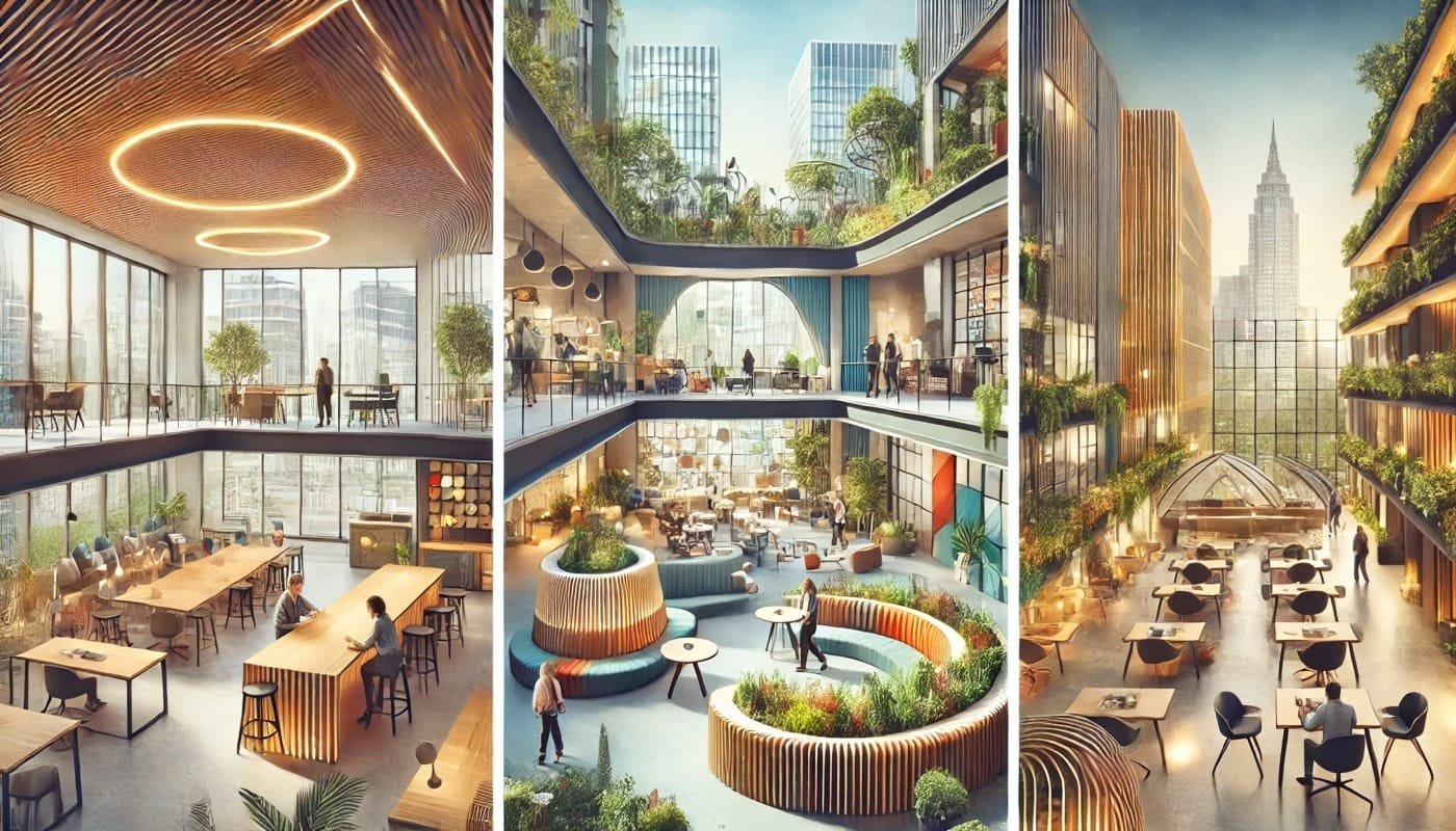 What Green Initiatives Could Work For Your Business 6 Illustration of three vibrant co-working spaces in Shoreditch, London, showcasing modern interiors, greenery-filled biophilic designs, and luxurious boutique-style workspaces with rooftop terraces and collaborative areas.