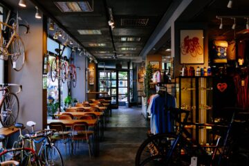 Trendy bike repair shop in Shoreditch, offering repairs, accessories, and a café space for cycling enthusiasts.