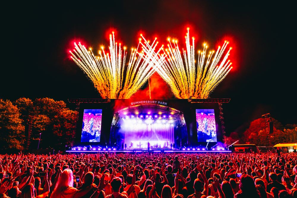 Spectacular fireworks light up the night sky at Gunnersbury Park London, as a massive crowd enjoys an electrifying live concert.