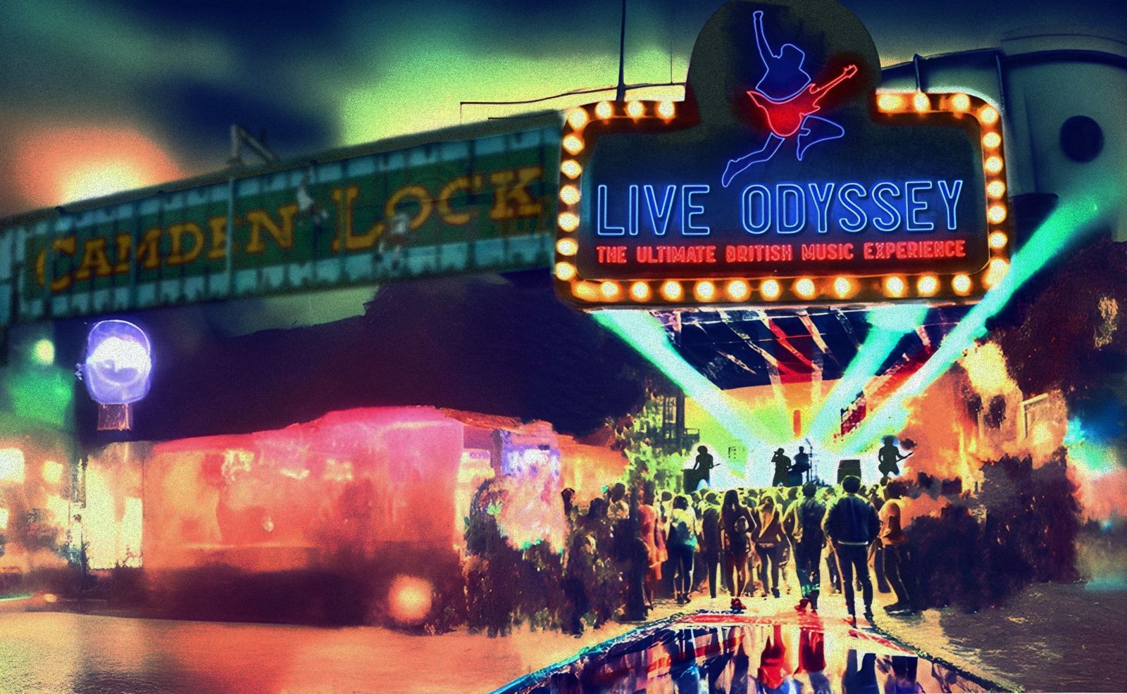 Neon-lit Camden Lock scene featuring the Live Odyssey experience, a dynamic British music event bringing electrifying performances.