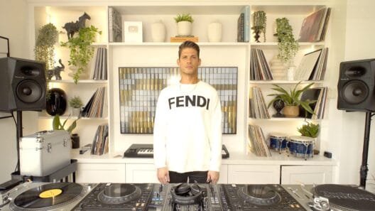 Alejandro Zamora in his studio surrounded by records and turntables