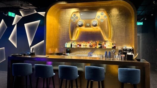 Suspended golden joystick over XP Tavern’s stylish cocktail bar