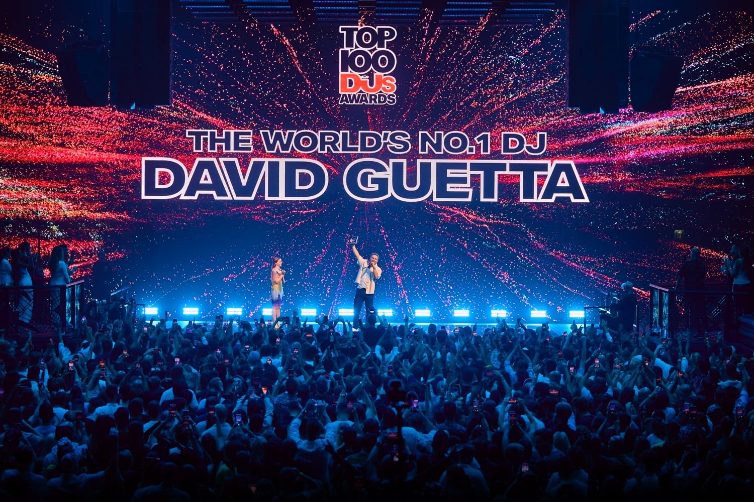 David Guetta Crowned World’s No.1 DJ in 2025 — Again 7 DJ Mag Top 100 DJs 2025 awards night in Ibiza with crowd and visuals