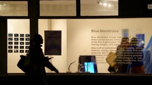 Blue Membrane exhibition installation view with sculptural forms and ambient lighting in Hackney gallery
