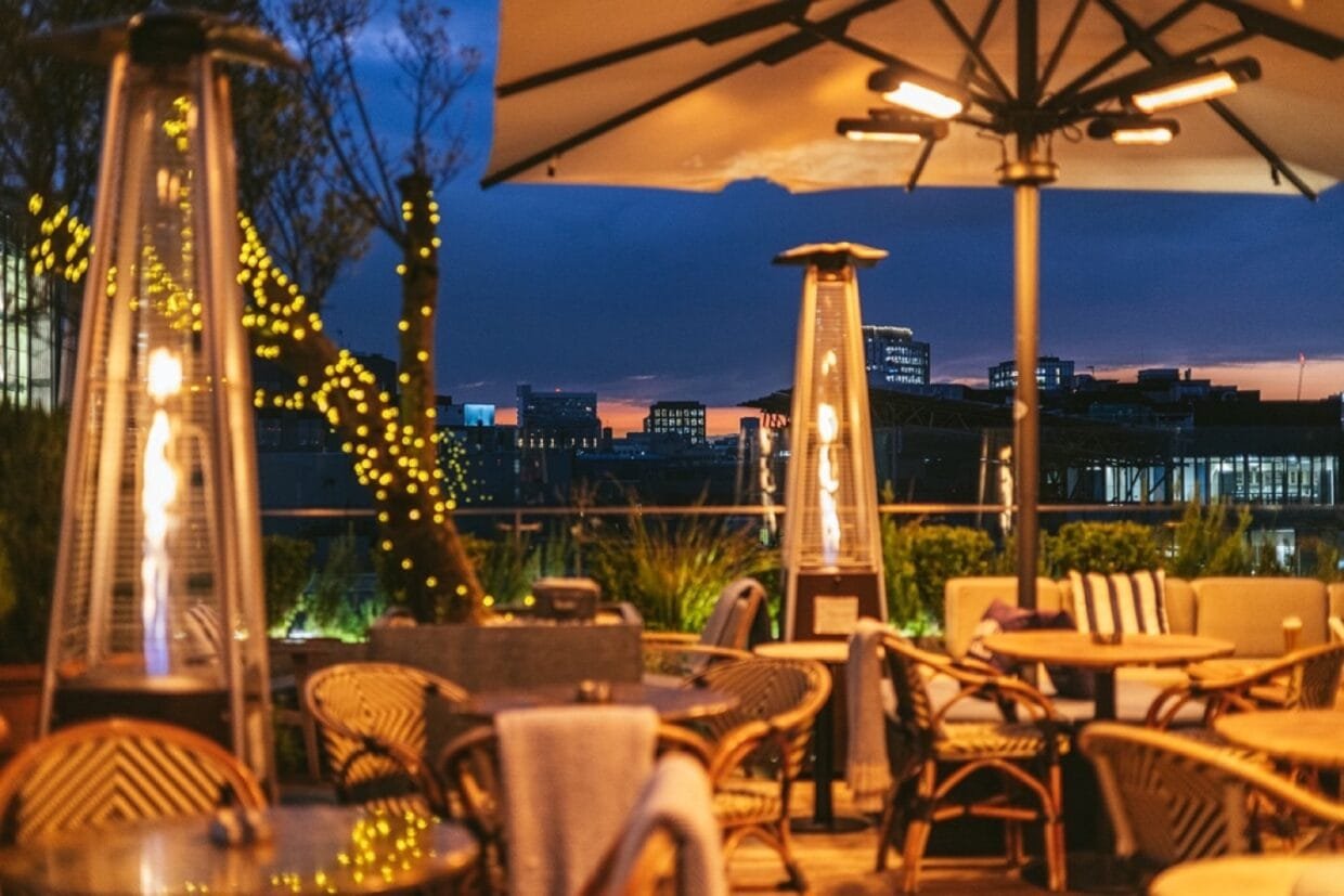 Panoramic East London views from the winter-ready Boundary Shoreditch rooftop terrace.