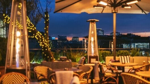Panoramic East London views from the winter-ready Boundary Shoreditch rooftop terrace.