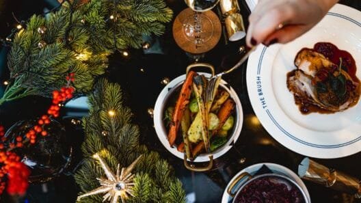Festive dishes served at Brush East London Grand Cafe showcasing modern European flavours and seasonal comfort.