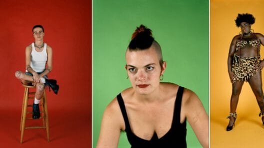 Portraits from the Catherine Opie exhibition showing tattoos and leather jacket.