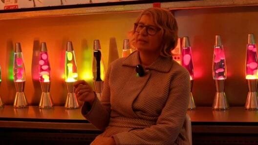 Cressida Granger, CEO of Mathmos, standing with an iconic lava lamp