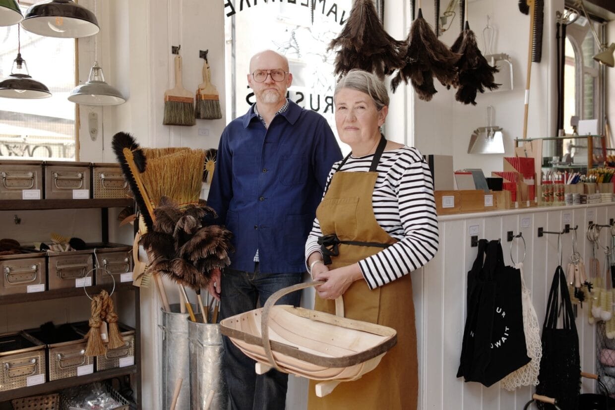 Labour and Wait: 25 Years of Timeless Functional Design with Simon Watkins and Rachel Wythe-Moran 6 Simon Watkins and Rachel Wythe-Moran displaying traditional hardware and timeless functional design products.