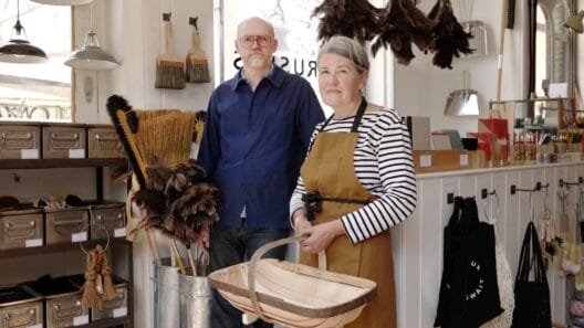 Simon Watkins and Rachel Wythe-Moran displaying traditional hardware and timeless functional design products.