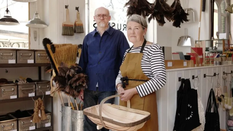 Simon Watkins and Rachel Wythe-Moran displaying traditional hardware and timeless functional design products.
