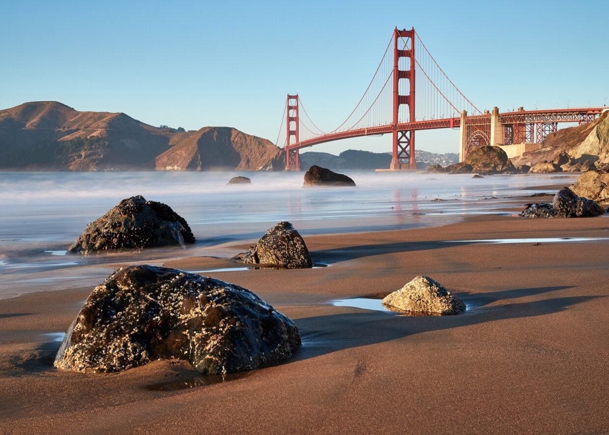 The Golden Gate Bridge seen from Marshall's Beach, San Francisco, with the Marin Headlands behind it