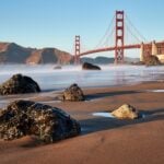 The Golden Gate Bridge seen from Marshall's Beach, San Francisco, with the Marin Headlands behind it