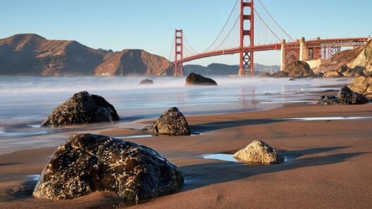 The Golden Gate Bridge seen from Marshall's Beach, San Francisco, with the Marin Headlands behind it