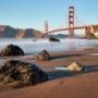 The Golden Gate Bridge seen from Marshall's Beach, San Francisco, with the Marin Headlands behind it