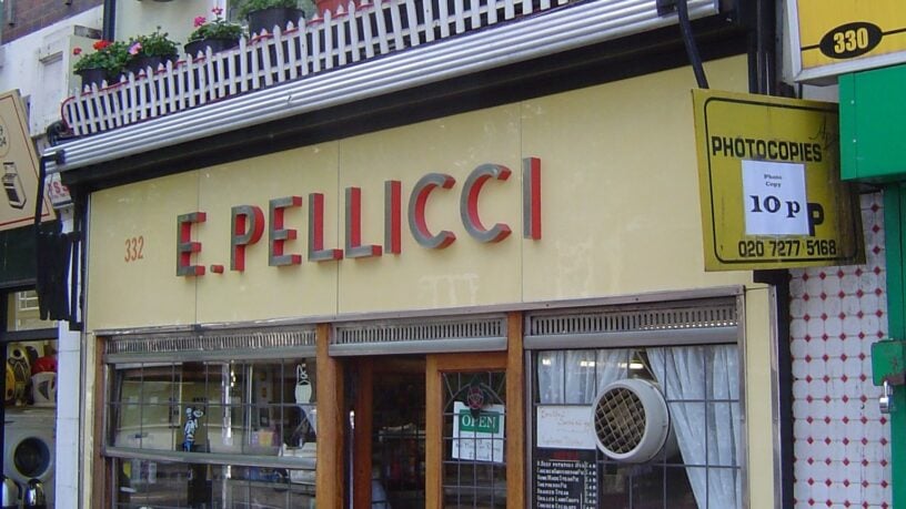 The yellow shopfront of E. Pellicci cafe at 332 Bethnal Green Road