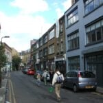 Rivington Street in Shoreditch, a street of brick warehouse buildings