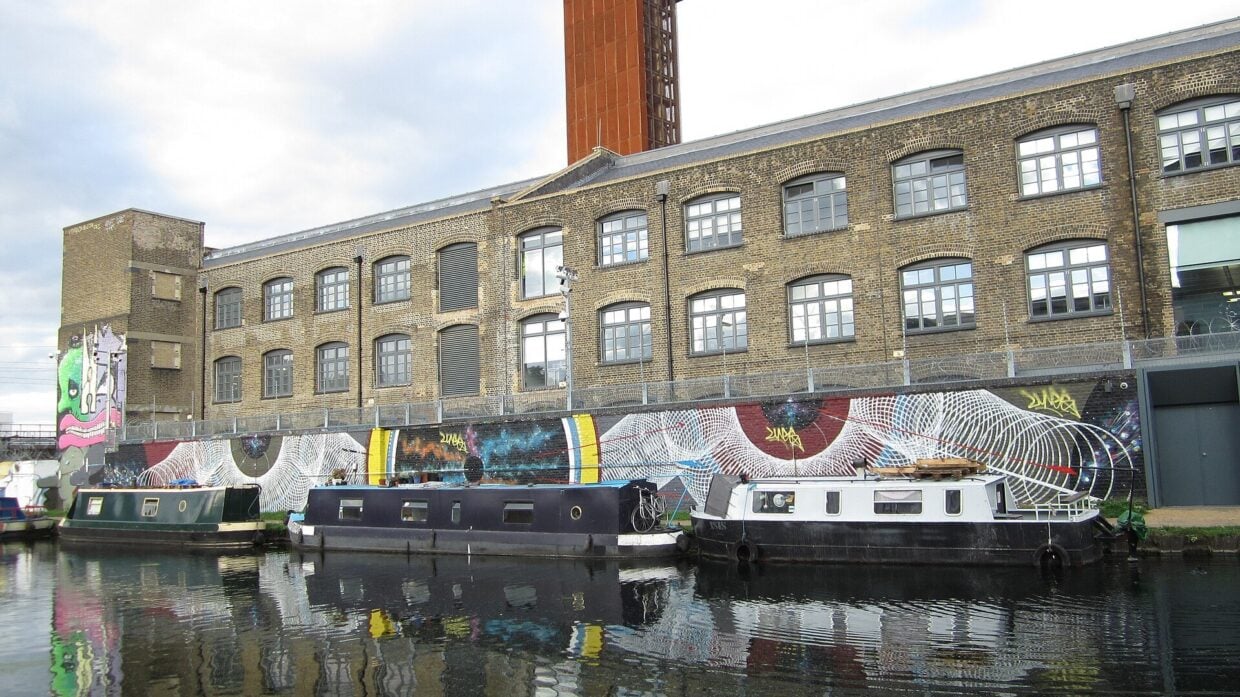 Narrowboats moored on the River Lea Navigation at Hackney Wick