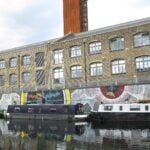 Narrowboats moored on the River Lea Navigation at Hackney Wick