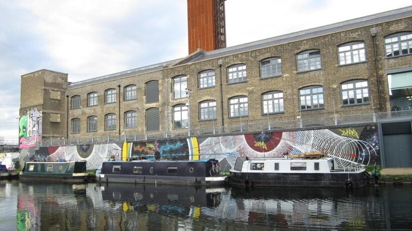 Narrowboats moored on the River Lea Navigation at Hackney Wick