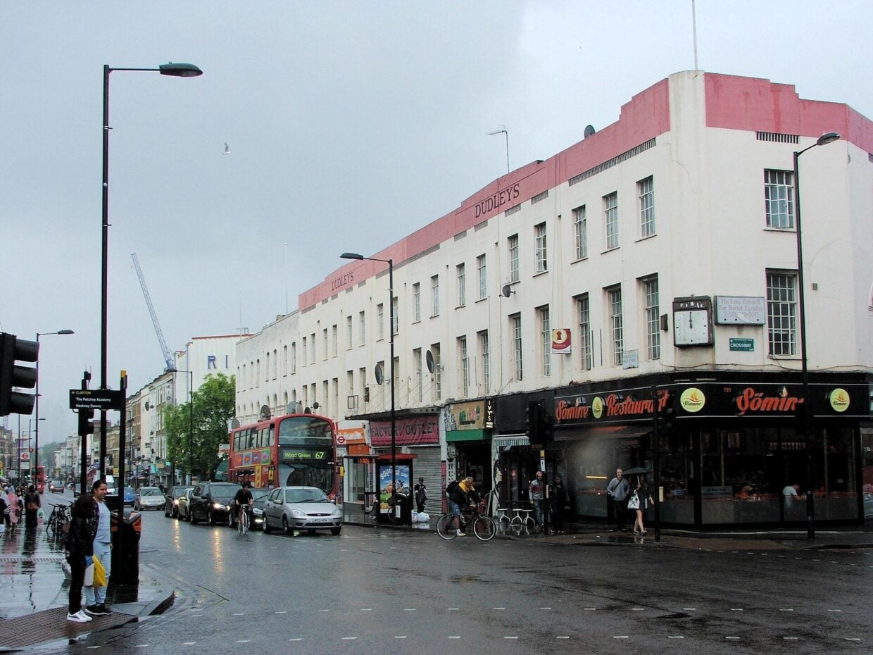 Shops and traffic on Kingsland High Street, Dalston