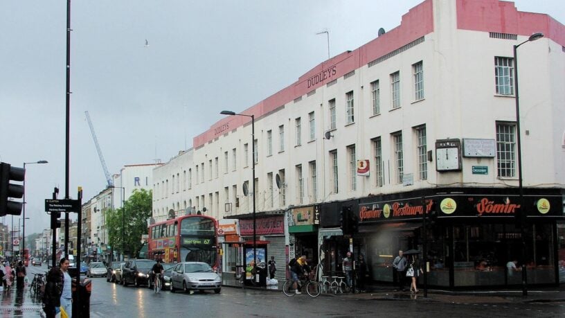 Shops and traffic on Kingsland High Street, Dalston