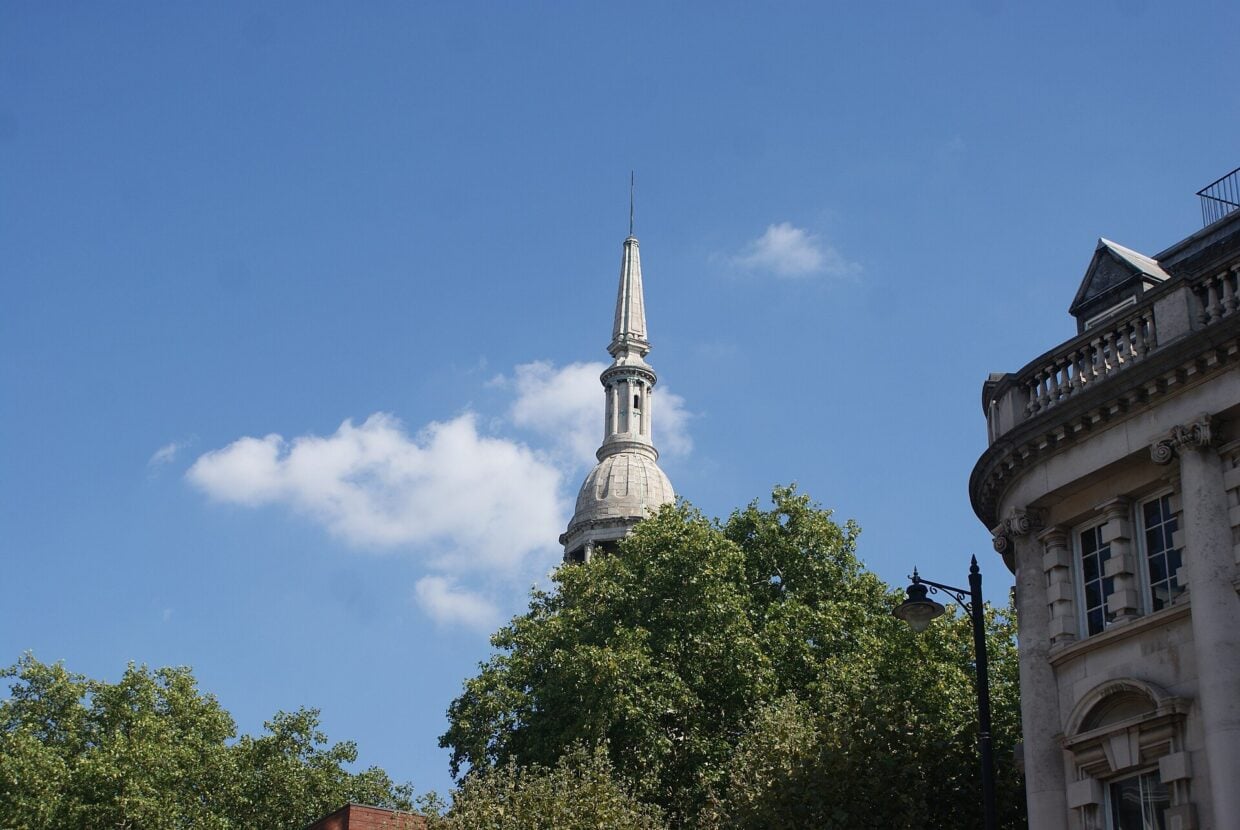 St Leonard's church tower at the north end of Shoreditch High Street