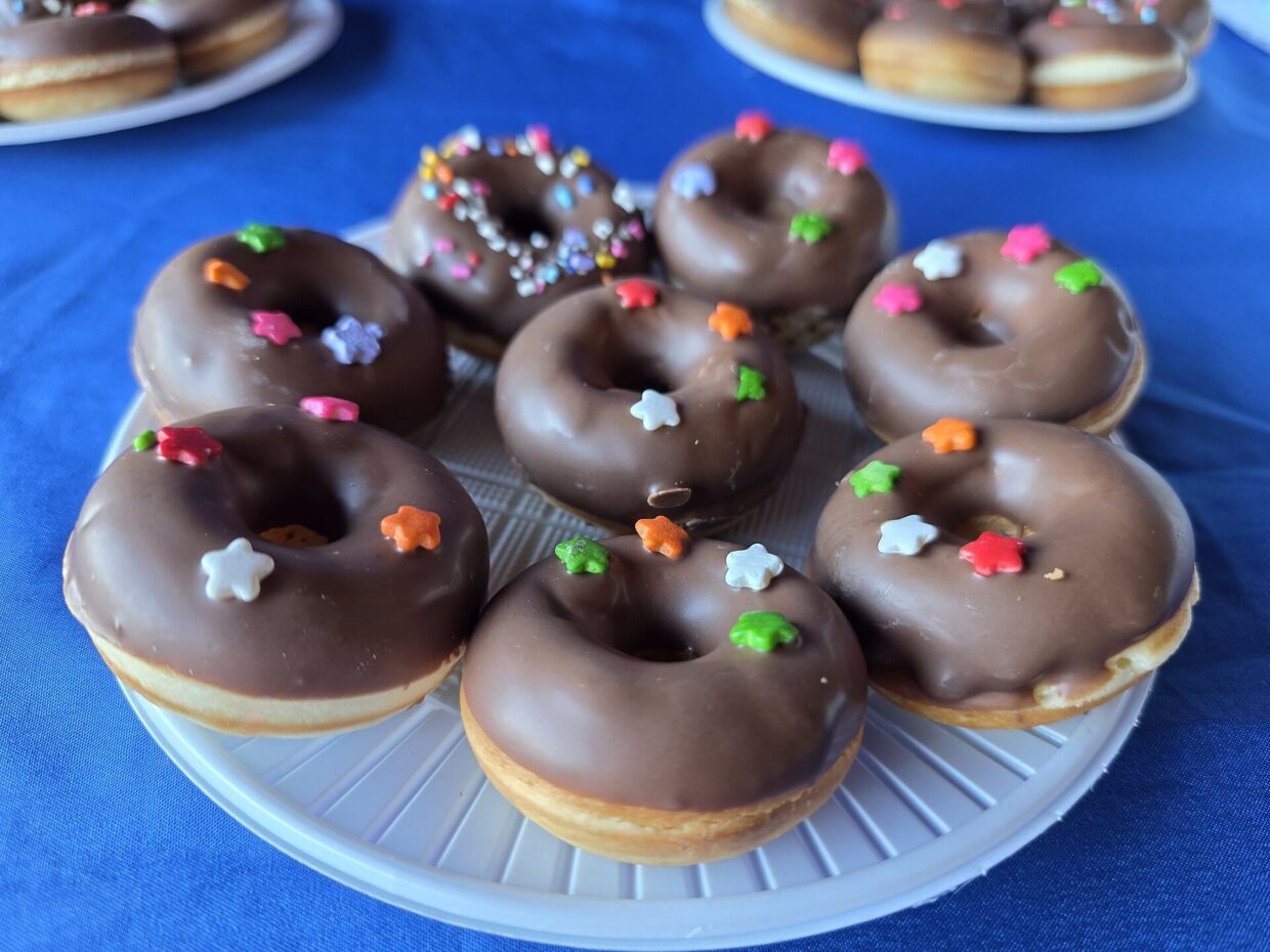 A tray of chocolate doughnuts