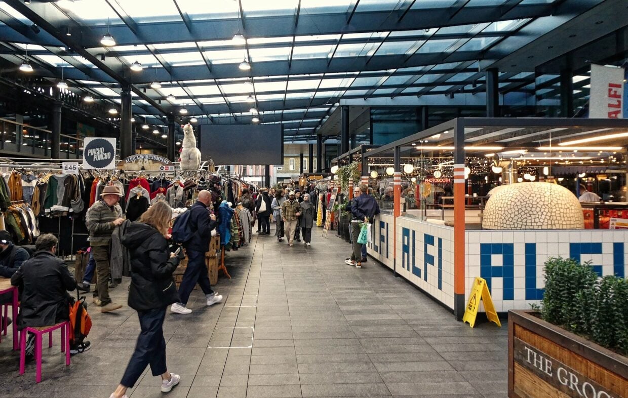 The covered hall of Old Spitalfields Market in November