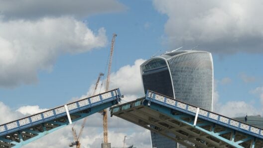 Tower Bridge bascules raised over the Thames