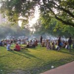 London Fields park in Hackney, east London, with trees and open grass