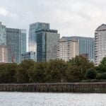 Canary Wharf towers and dock water in east London