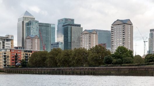 Canary Wharf towers and dock water in east London